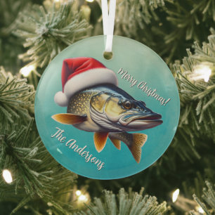 Walleye Wearing a Santa Hat Christmas Glass Ornament