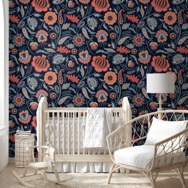 Wallpaper - Boho Floral Design blue background Wallpaper (Kids)