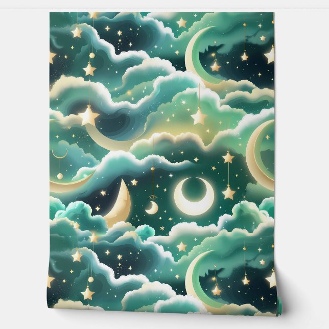 Wallpaper - Mint Green Celestial Moon Design Wallpaper (Unrolling)