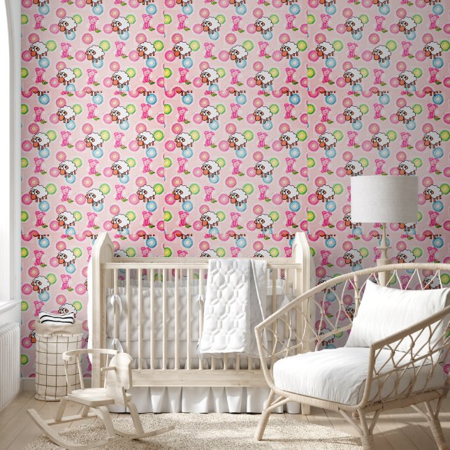 Wallpaper Pink & White Pig & Sheep Wallpaper (Kids)