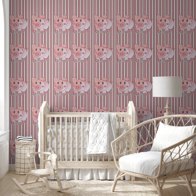 Wallpaper Pink & White Stripe Pig (Kids)