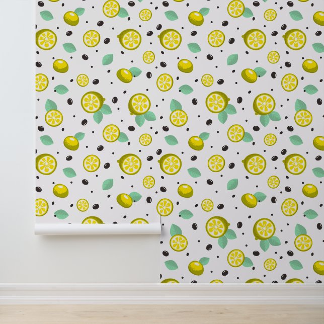 Wallpaper with a modern pattern of leaves, lemons. wallpaper  (Application)