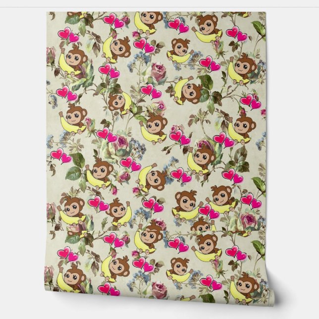Wallpaper Yellow Pink Monkeys (Unrolling)