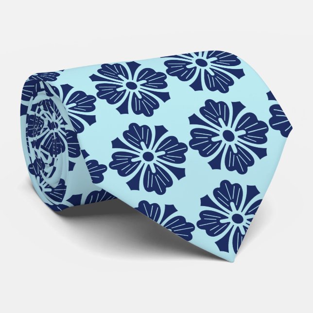 Wallstreet Hibiscus Foulard Aqua & Navy Two-Sided Neck Tie (Rolled)