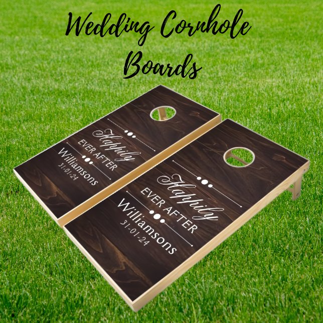 Walnut Brown Happily Ever After Custom Wedding Cornhole Set (Creator Uploaded)