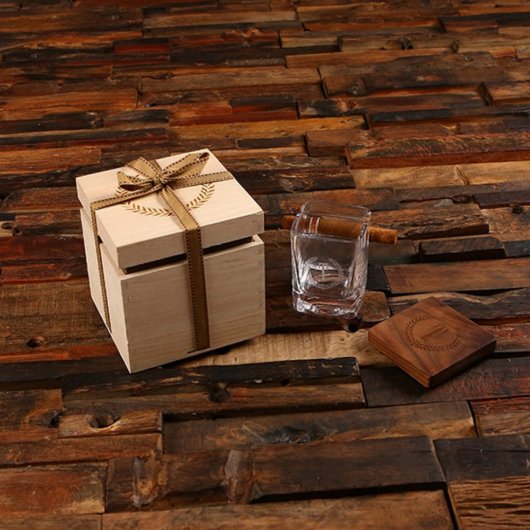 Walnut Coaster with Cigar Holding Whiskey Glass (Front)