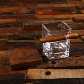 Walnut Coaster with Cigar Holding Whiskey Glass (Front)
