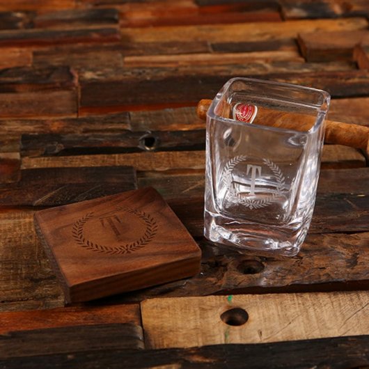 Walnut Coaster with Cigar Holding Whiskey Glass (Front)