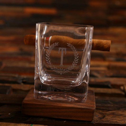 Walnut Coaster with Cigar Holding Whiskey Glass (Front)