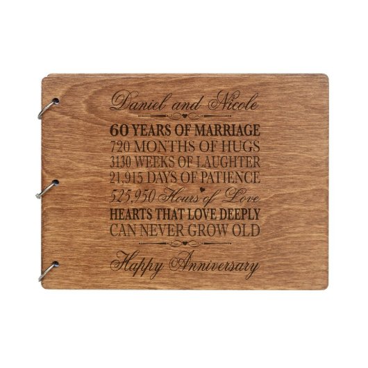 Walnut Etched 60th Wedding Anniversary Guest Book (Front)