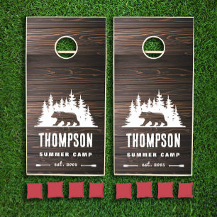 Walnut Wood Family Name Walking Bear Cornhole Set