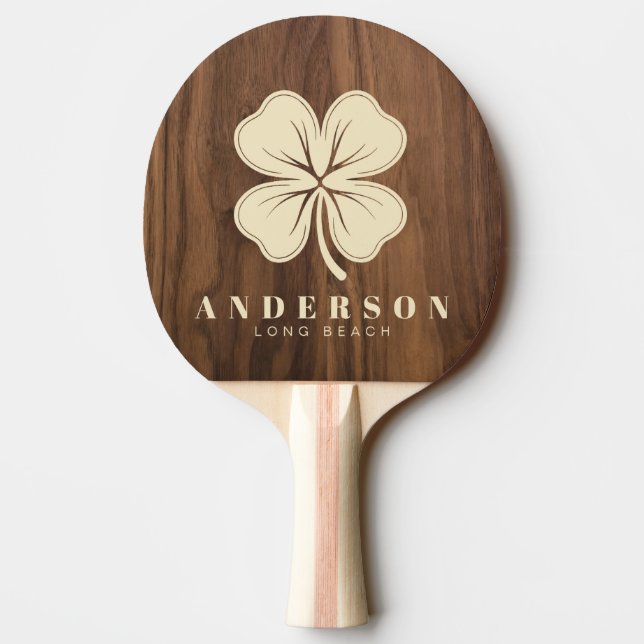 Walnut Wood Four Leaf Clover with Name Ping Pong Paddle (Back)