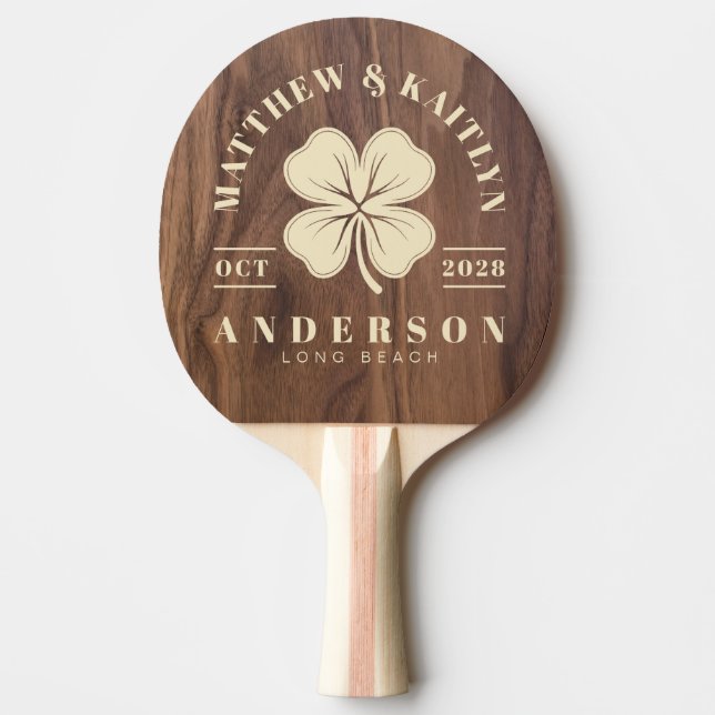 Walnut Wood Irish Clover Wedding Crest Ping Pong Paddle (Front)