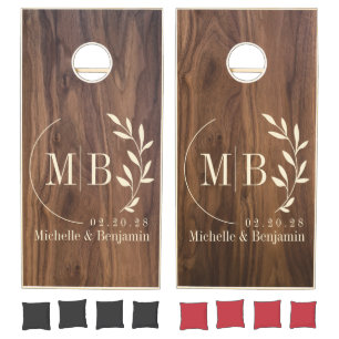 Walnut Wood Leaf Wedding Monogram Cornhole Set