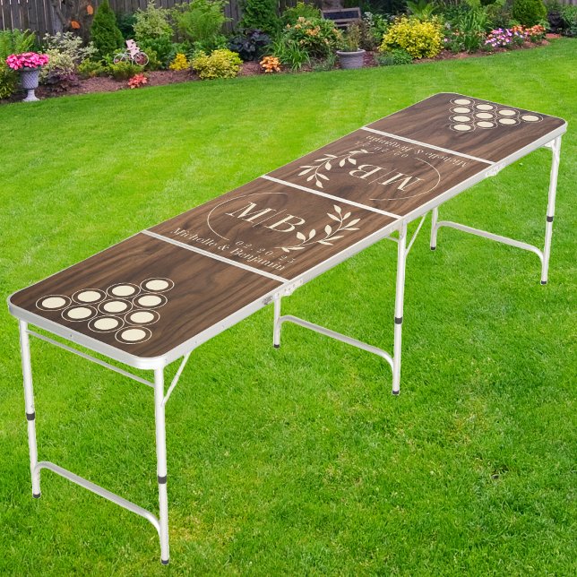Walnut Wood Modern Leaf Wedding Monogram CR Beer Pong Table (Creator Uploaded)