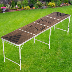 Walnut Wood Modern Leaf Wedding Monogram DK Beer Pong Table