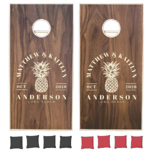 Walnut Wood Tropical Pineapple Wedding Crest Cornhole Set