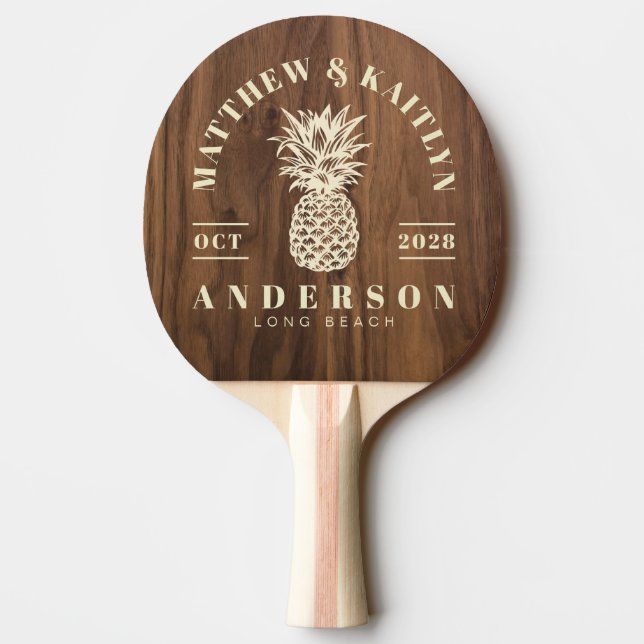 Walnut Wood Tropical Pineapple Wedding Crest Ping Pong Paddle (Back)