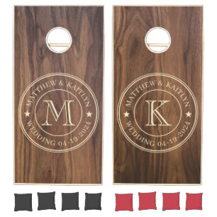 Walnut Wood Wedding Monogram Star Cornhole Set