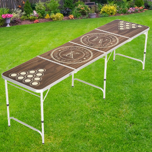Walnut Wood Wedding Monogram with Name & Date Beer Pong Table