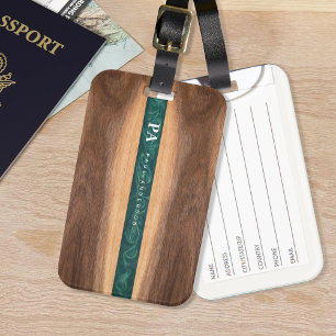 Walnut Wooden Green Marble Monogram Name Custom Luggage Tag