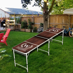 Walnut Woodgrain Family Monogram Beer Pong Table