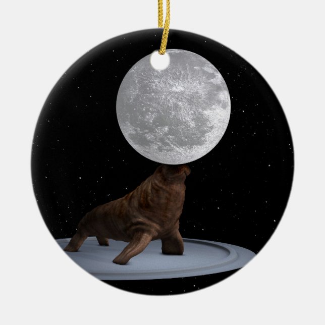 Walrus Balancing The Moon Ceramic Ornament (Front)