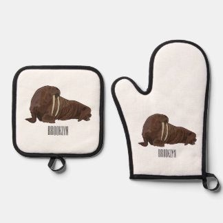 Walrus cartoon illustration oven mitt & pot holder set