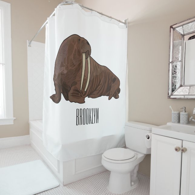 Walrus cartoon illustration shower curtain (In Situ)