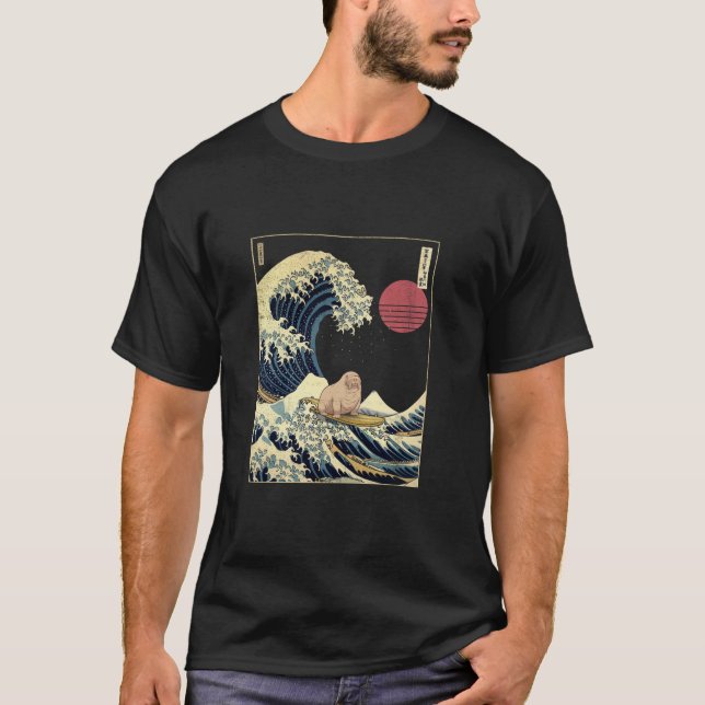 Walrus Japanese Kanagawa Wave Funny Surf Animal  T-Shirt (Front)