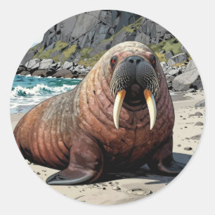 Walrus on a Sandy Beach Cute Animals Classic Round Sticker