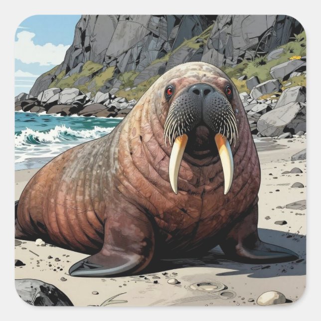 Walrus on a Sandy Beach  | Cute Animals Square Sticker (Front)