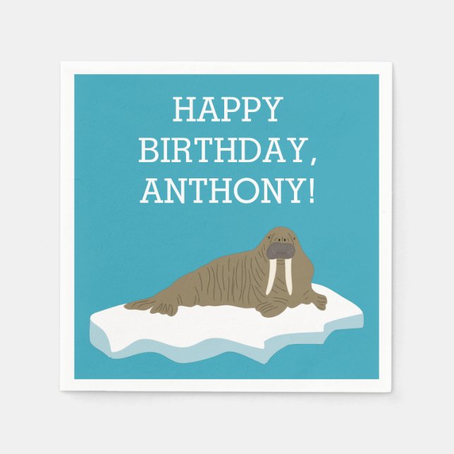 Walrus on an Iceberg Custom Birthday Party Napkins (Front)