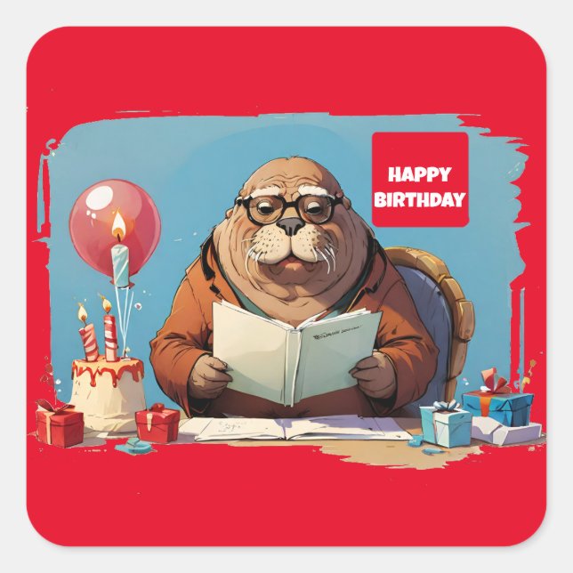 Walrus reading book square sticker (Front)