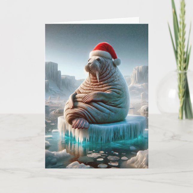 Walrus Wearing a Santa Hat Holiday Card (Front)
