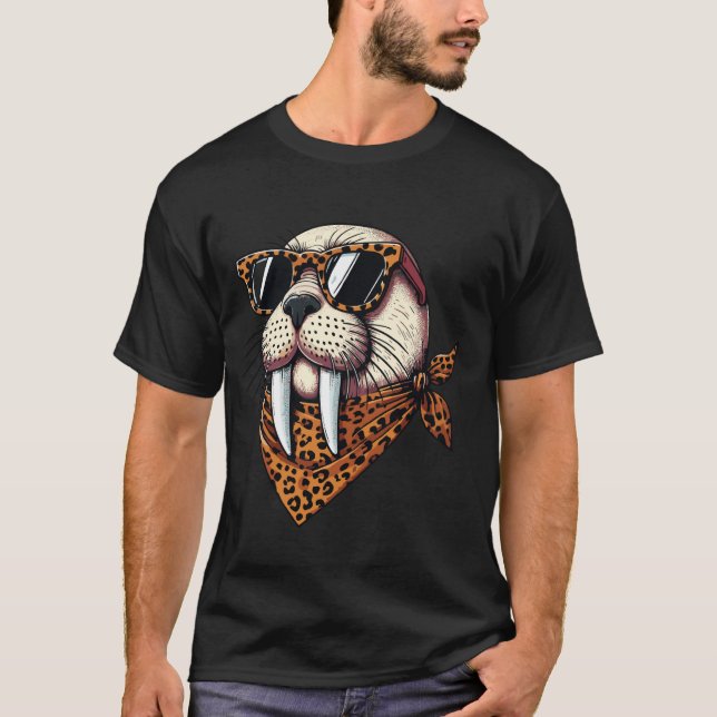 Walrus Wearing Leopard Scarf Animal Wearing Sungla T-Shirt (Front)