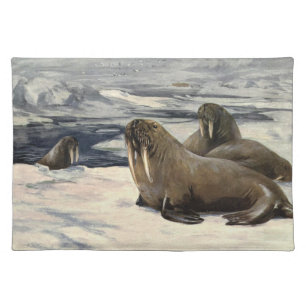 Walruses in the Arctic Snow, Vintage Marine Animal Cloth Placemat