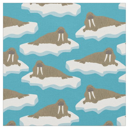 Walruses on Icebergs Patterned Turquoise Blue Fabric