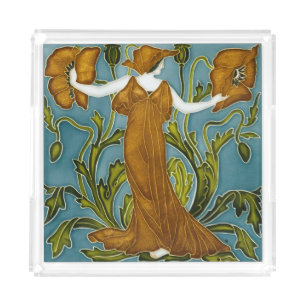 Walter Crane Art Nouveau Orange Poppy Maiden Acrylic Tray