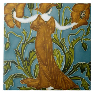Walter Crane Art Nouveau Orange Poppy Maiden Ceramic Tile