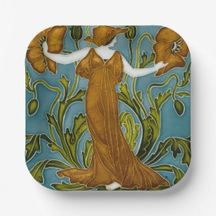 Walter Crane Art Nouveau Orange Poppy Maiden Paper Plates