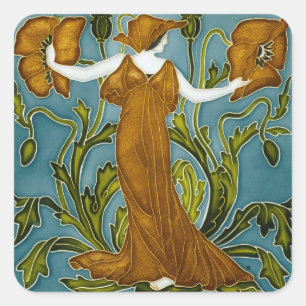 Walter Crane Art Nouveau Orange Poppy Maiden Square Sticker