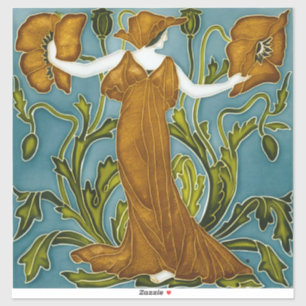 Walter Crane Art Nouveau Orange Poppy Maiden Sticker