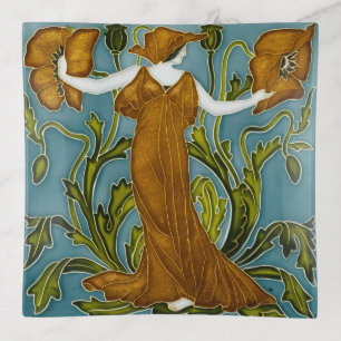 Walter Crane Art Nouveau Orange Poppy Maiden Trinket Tray