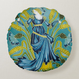 Walter Crane Blue Cornflower Arts and Crafts Round Pillow