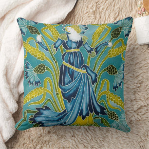 Walter Crane Blue Cornflower Arts and Crafts Throw Pillow