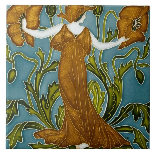 Walter Crane Floral Design and Lady Art Nouveau Ceramic Tile (Front)