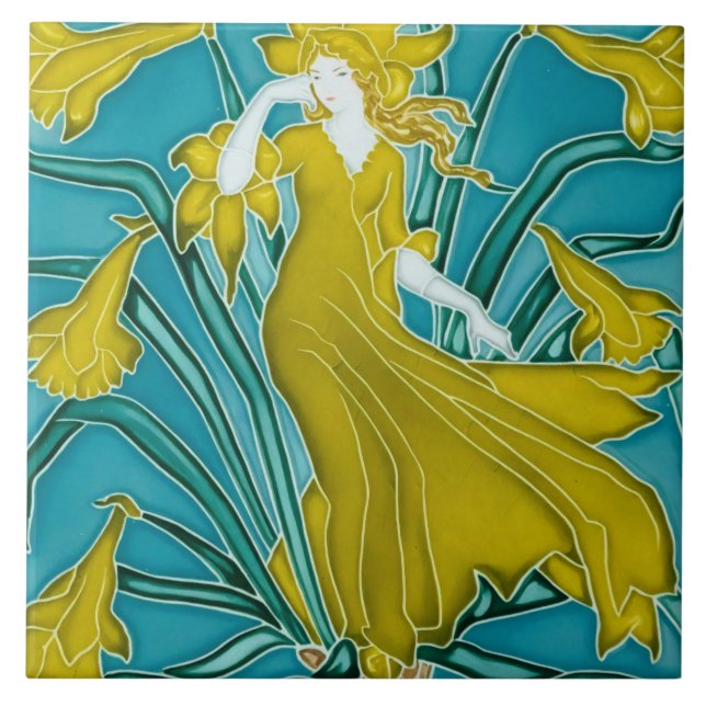 Walter Crane Floral Design and Lady Art Nouveau Ceramic Tile (Front)