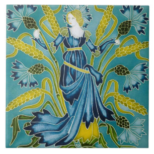 Walter Crane Floral Design and Lady Art Nouveau Ceramic Tile