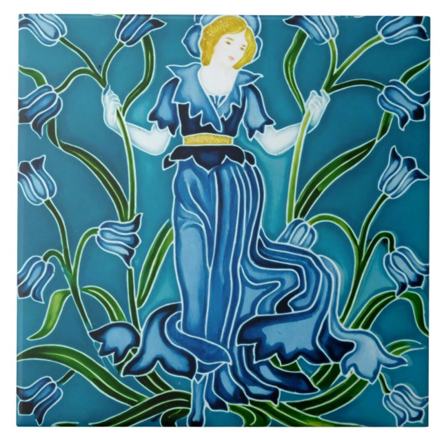 Walter Crane Floral Design and Lady Art Nouveau Ceramic Tile (Front)